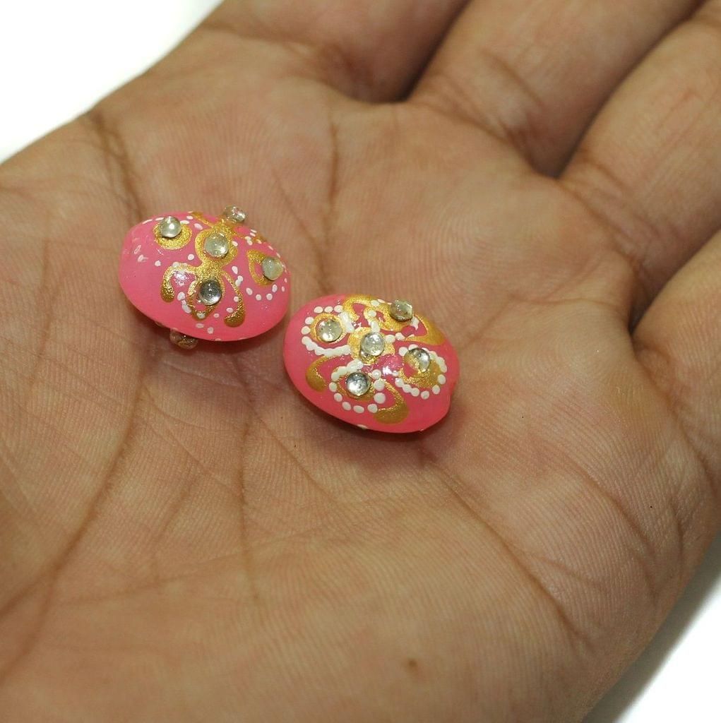 5 Pcs, 17x12mm Handpainted Kundan Work Oval Beads Pink-Pink / Glass