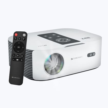 Zebronics PIXAPLAY 27 Projector with Multi Connectivity, 30,000h lifelong LED lamp, Touch Control - White&Grey