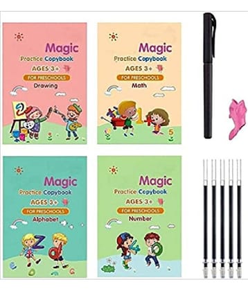 Sank Magic Practice Copybook, Number Tracing Book for Preschoolers with Pen, Magic Calligraphy Copybook Set Practical Reusable Writing Tool Simple Hand Lettering (4 Books + 5 Refill)