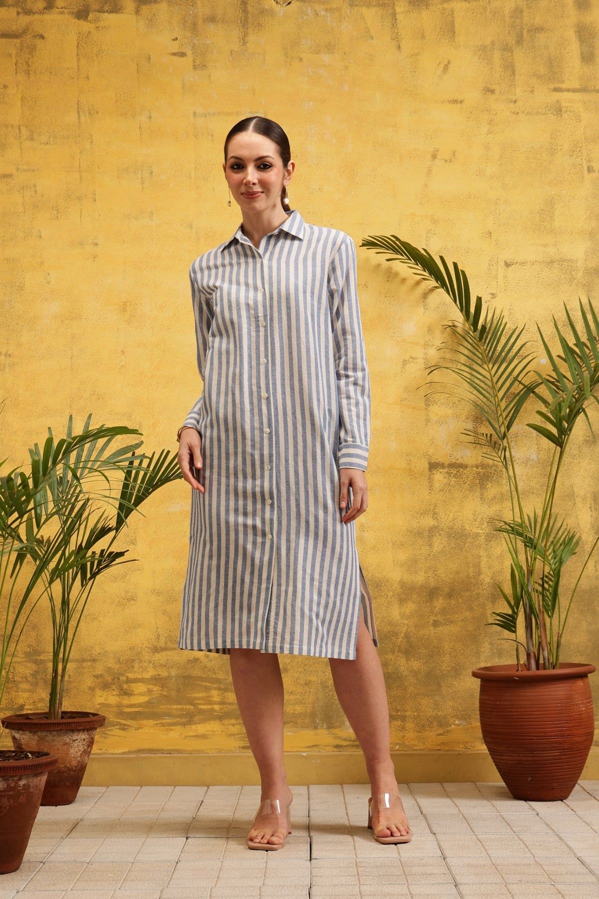 Celeste Striped Shirt-Dress (Blue)-XS