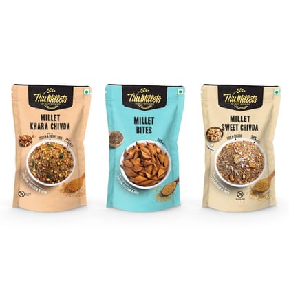 TruMillets Ready to Eat Sweet Chivda, Spicy Khara Chivda & Crunchy Millet Bites (Each 125 gm) (Pack of 3) | Healthy Snacks | Gluten-Free | No Palm Oil | High Protein & Fiber