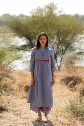 Steel Blue Cotton Kurta Set-XL