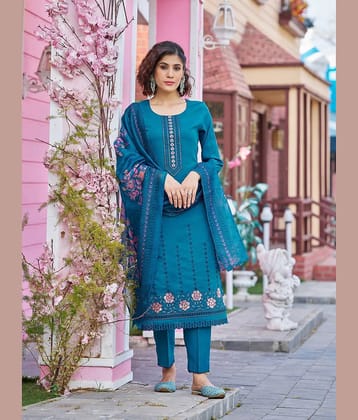 VIBE VISION Silk Self Design Kurti With Pants Women's Stitched Salwar Suit - Blue ( Pack of 1 )