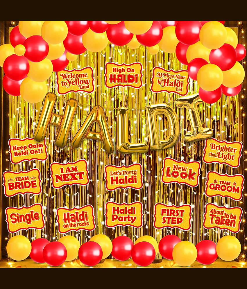 Zyozi Haldi Ceremony Decorations Items | Haldi Ceremony Combo - Haldi Foil Balloons, Photo Booth, Balloons with Rice Light & Gold Foil Curtains (Pack Of 44)