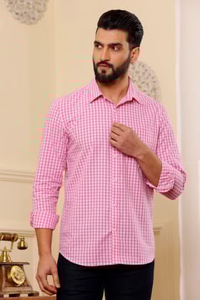 Pink And White Check Cotton Shirt (Size - S) by BLUE EAGLE