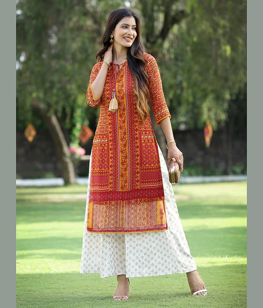 Juniper - Mustard Chiffon Women's Straight Kurti ( Pack of 1 )