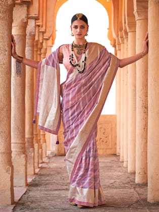 Lavender pink Soft Silk Stripes Printed Leheriya Saree