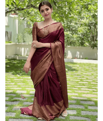 Gazal Fashions Banarasi Silk Embellished Saree With Unstitched Blouse Piece ( Maroon )