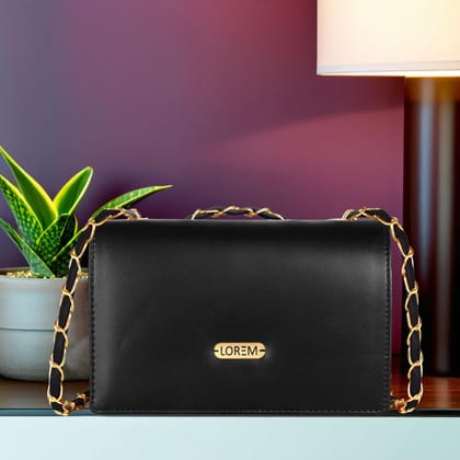LOREM Faux Leather Handbag, Chain Strap, Magnetic Lock, Black