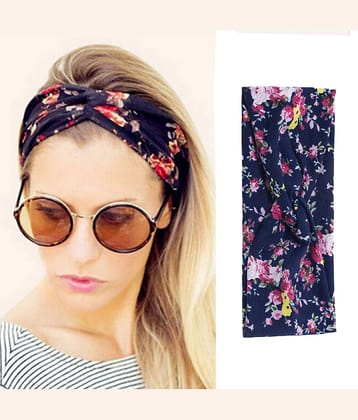 FOK 2 Pc Flower Printed Twist Knotted Yoga Sport Head Wrap Hairband Women and Girls - Blue