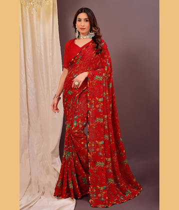 Samai Georgette Solid Regular Saree With Unstitched Blouse Piece ( Red )