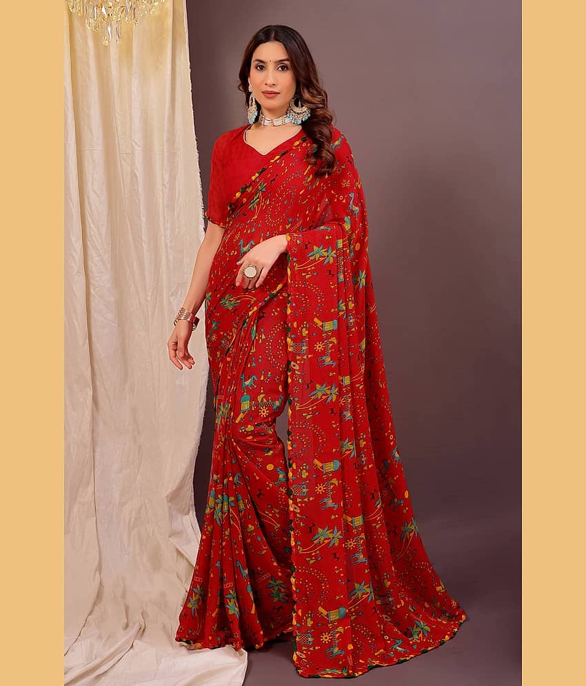 Samai Georgette Solid Regular Saree With Unstitched Blouse Piece ( Red )