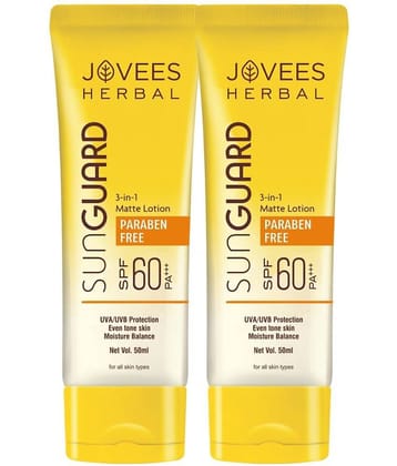Jovees Herbal Sun Guard Lotion SPF 60 PA+++ 3 in 1, Even Tone Skin For All Skin 50ml (Pack of 2)