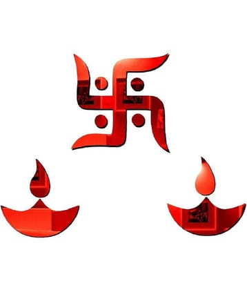 Asmi Collection Beautiful Swastik & 2 Diyas Red Acrylic Mirror Wall Sticker ( 15 x 15 cms )