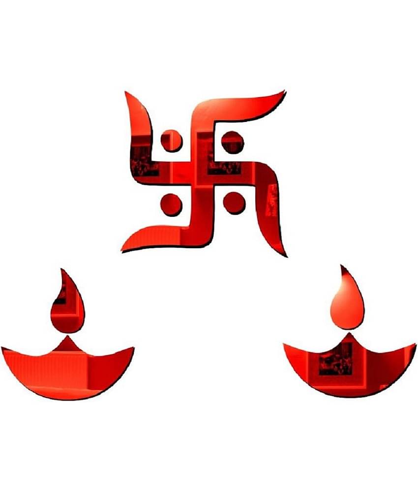 Asmi Collection Beautiful Swastik & 2 Diyas Red Acrylic Mirror Wall Sticker ( 15 x 15 cms )