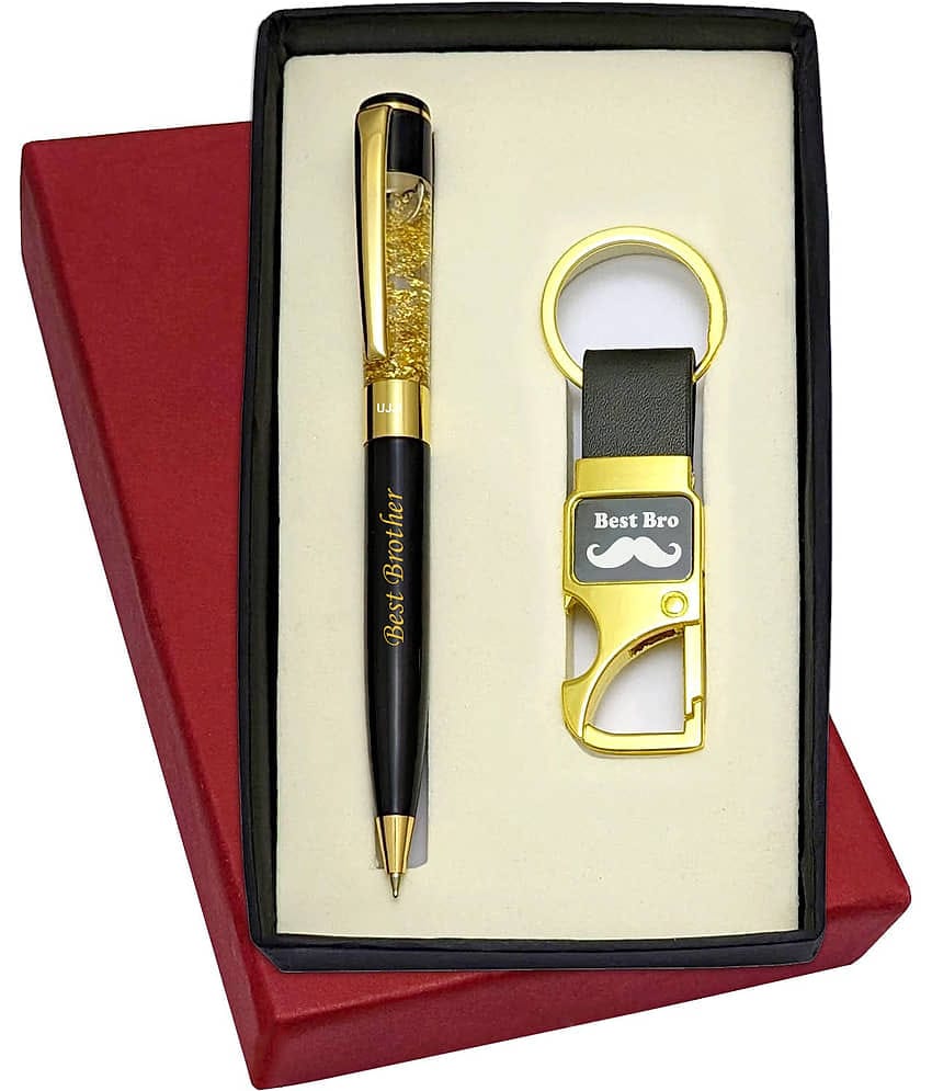 UJJi Best Bro Printed Golden Gel Filled Brass Body Ball Pen & Hook Keychain
