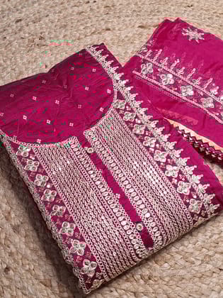 Magenta Colour Unstitched Suit Silk Fabric with Zari & Sequence Work with Dupatta-Free Size / Magenta