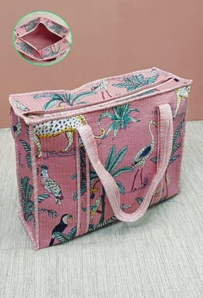 Handblock Printed Quilted Tote Bag with concealed zip ( 17x18x 6 inches)