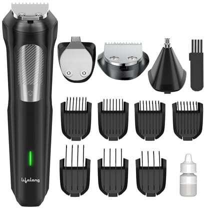 Lifelong All in One Trimmer for Men | 12-in-1 Shaving Kit for Man | Multi Razor Precision Beard, Nose, Body, Private Parts | Full Body Shaver | Best Grooming Gifts | 7Combs | 120Min Runtime | 9000RPM Black / Free