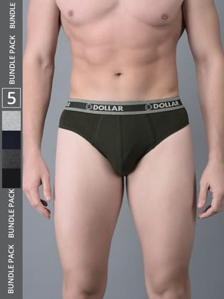 Men's Assorted Pack of 5 Solid Cotton Brief With Double Pouch Support