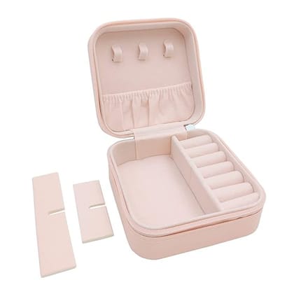 Portable Mini Jewelry Travel Case, Faux Leather Organizer Box with Compartments for Rings, Earrings, Necklaces, 10cm x 10cm x 5cm, Pink