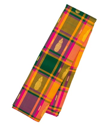 Multi Colour Handloom Kanchipuram Silk Saree With Checks & Buttas-Multi Colour