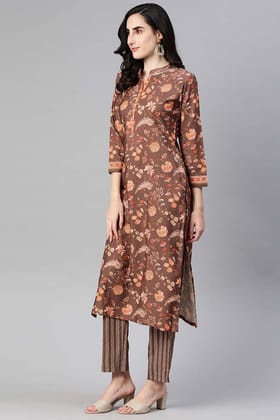 Brown Poly Crepe Floral Print Straight Suit Set PKSKD1036 Brown Poly Crepe Floral Print Straight Suit Set PKSKD1036