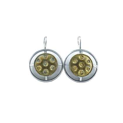  Oxidized Silver Circular Earrings with Gold Floral Design