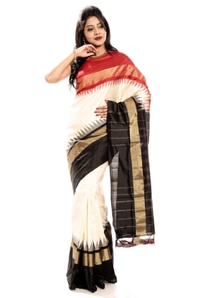 Pochampally Saree - Ikkat Silk Saree in Brick Red-Cream-Black