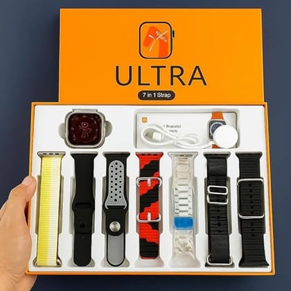 Multicolor Ultra 7-In-1 Smart Watch Combo Waterproof Fitness Tracker With 7 Straps, Wireless Charger & Premium Gift Box