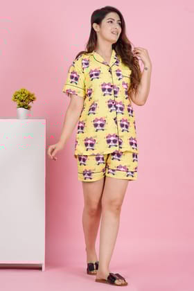 Pretty Panda Star Half Sleeve Shorts Set-S / Yellow / Rayon Blend