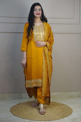 Mustard Colour Zari Work Straight Kurta Set with Pant & Dupatta-XL / Mustard