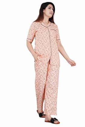 Women's Casual Half Sleeve Printed Viscose Rayon Shirt with Pyjama Pant Night Suit Set Size XL (Peach)