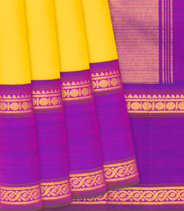 Light Yellow Handloom Kanchipuram Korvai Silk Saree With Contrast Purple Border-Lime Yellow-Lime Yellow