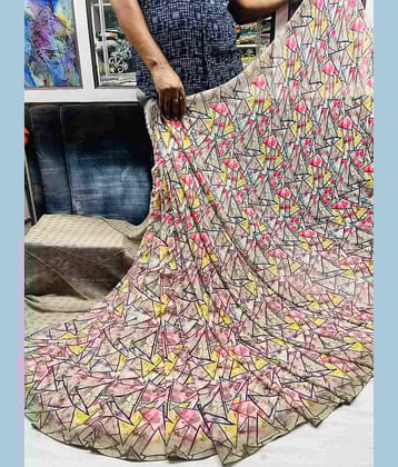 Bhuwal Fashion Georgette Printed Saree With Unstitched Blouse Piece ( Brown )