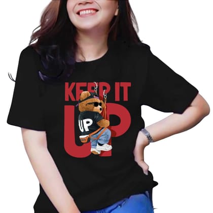 Womens Casual Cotton Round Neck Half Short Sleeve Printed T-Shirt Black (Size XL)