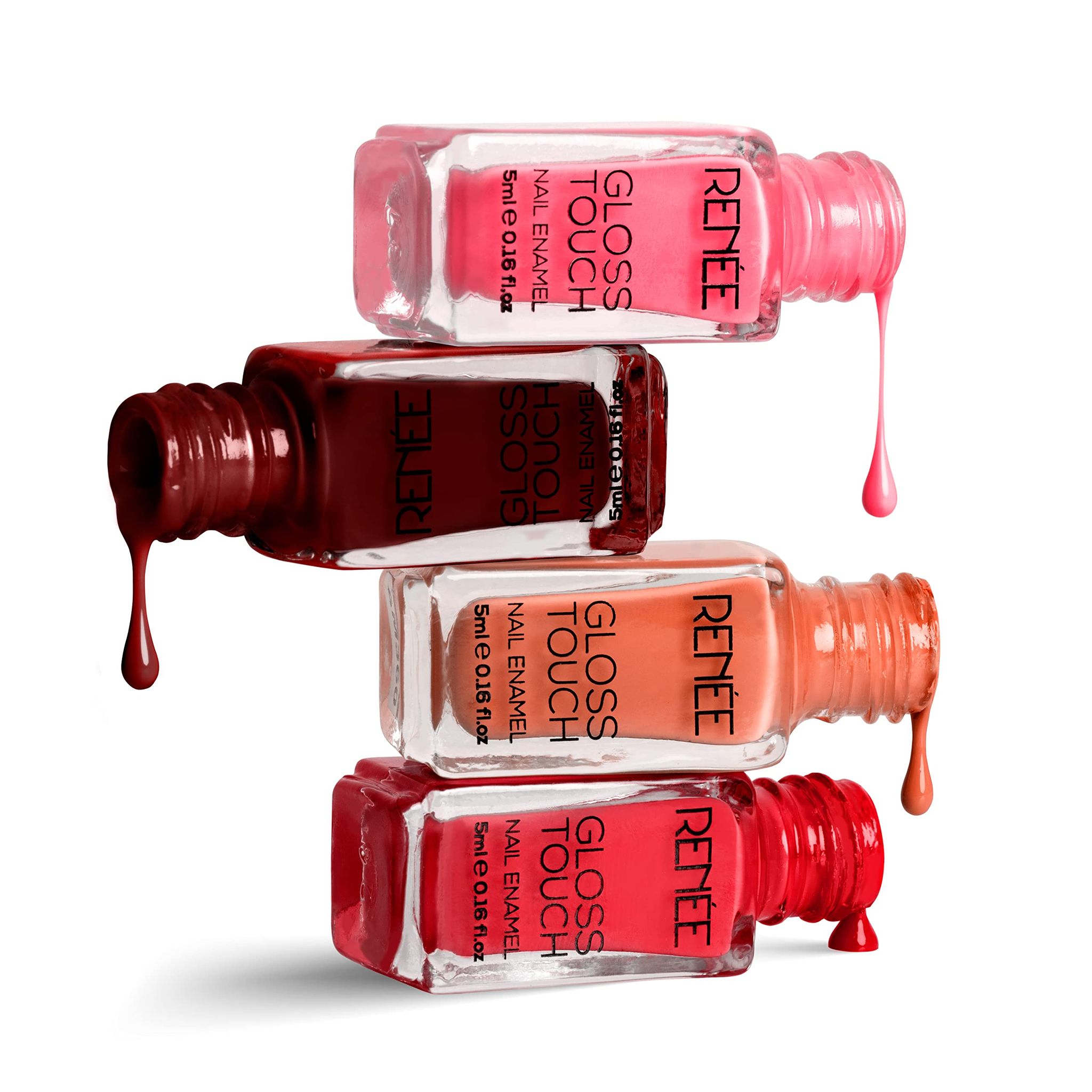 RENEE Gloss Touch Nail Paint Set of 4, Quick Drying Nail Polish, Glossy Gel Finish Nail Kit | Highly Pigmented & Long Lasting Nail Enamel, Chip Resistance 5ml Each, Gift Set for Women N03 Red Parade RENEE Gloss Touch Nail Paint Set of 4, Quick Drying Nai