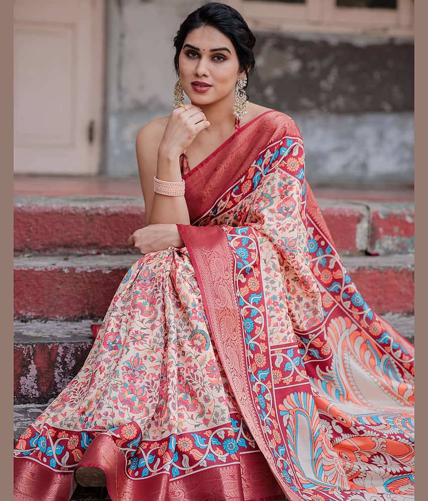 Almaari Fashion Cotton Silk Printed Saree With Unstitched Blouse Piece ( Maroon )