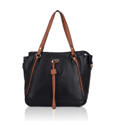 Women's Faux Leather Textured Tote Bag (Black)