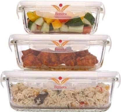 Femora Borosilicate Rectangular Glass Food Storage Container With Air Vent Lid-Set Of 3 Pcs - (400ml, 620 ml, 1000 ml) Femora Borosilicate Rectangular Glass Food Storage Container With Air Vent Lid-Set Of 3 Pcs - (400ml, 620 ml, 1000 ml)