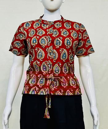 Red handblock cotton printed top