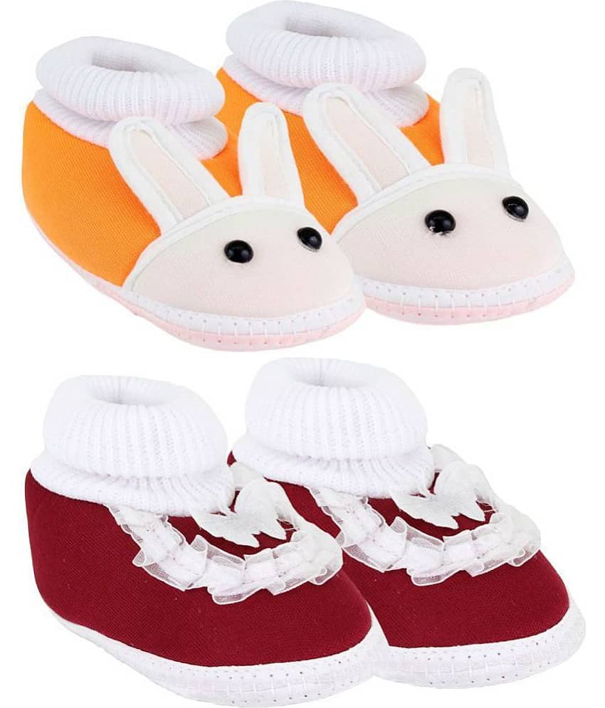 Neska Moda Pack Of 2 Baby Boys & Girls Orange And Maroon Cotton Booties For 0 To 12 Months