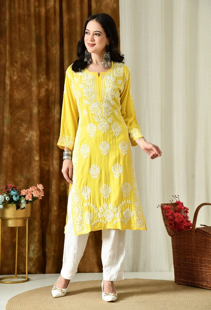 Sunshine Yellow Modal Hand-Embroidered Chikankari Kurta with Elegant White Floral Design