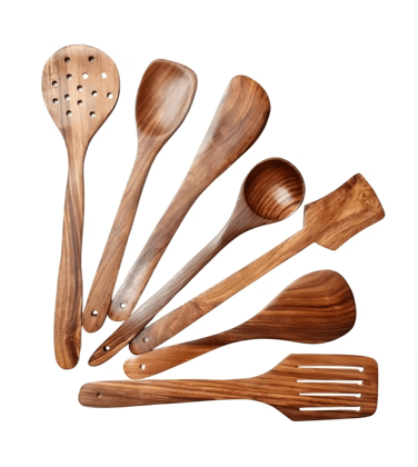 VillWin Wooden Serving & Cooking Spoon Set of 7, Handmade Wooden Spatula Set for Cooking, Non Stick Kitchen Tools, Turner, Ladle, Pasta & Frying Spoon, Natural Cookware