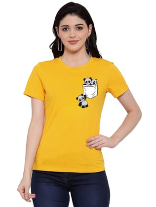 Women's Cotton Blend Pandas In My Pocket Printed T-Shirt XL (Yellow)