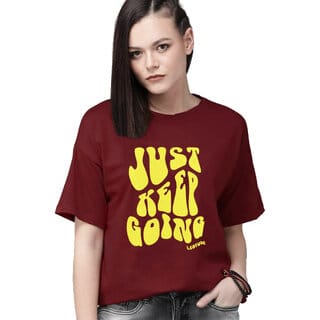 Leotude Maroon Printed Cotton Blend Round Neck Half Sleeve T-Shirts For Womens