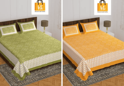 2201-Hometrade India- Standard Double Size (90*100 in )-Combo Jaipuri Double bedsheet With Matching Pillow Cover