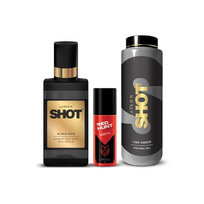 Layer'r Shot Fragrant Body Spray For Men- Pack of 3 | Black Noir (130ml), Long Ranger Perfumed Talc (100 g) & Red Hunt Shaving Foam (50ml) | Long-Lasting & Skin-Friendly Premium Fragrance | Perfect For all occasions | Idea Gift For Men
