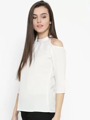 U&F Casual Cold Shoulder Sleeves Solid Women White Top
