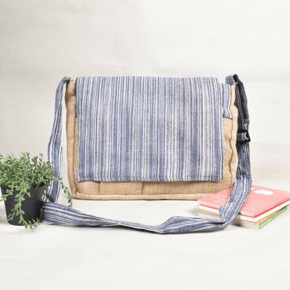 Blue ikat and jute laptop bag